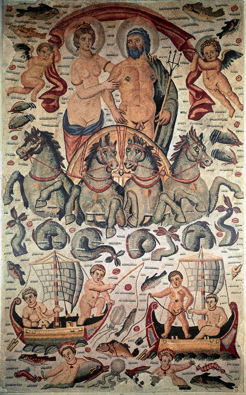 Byzantinsk kunst: Neptuns og amfitrits triumf. Neptun og Amphitrite nøgne på en tank affyret af fire søheste. Mosaik fra det 3. århundrede. Mål: 3,1x1,96m. Louvre-museet, Paris af Byzantine Byzantine