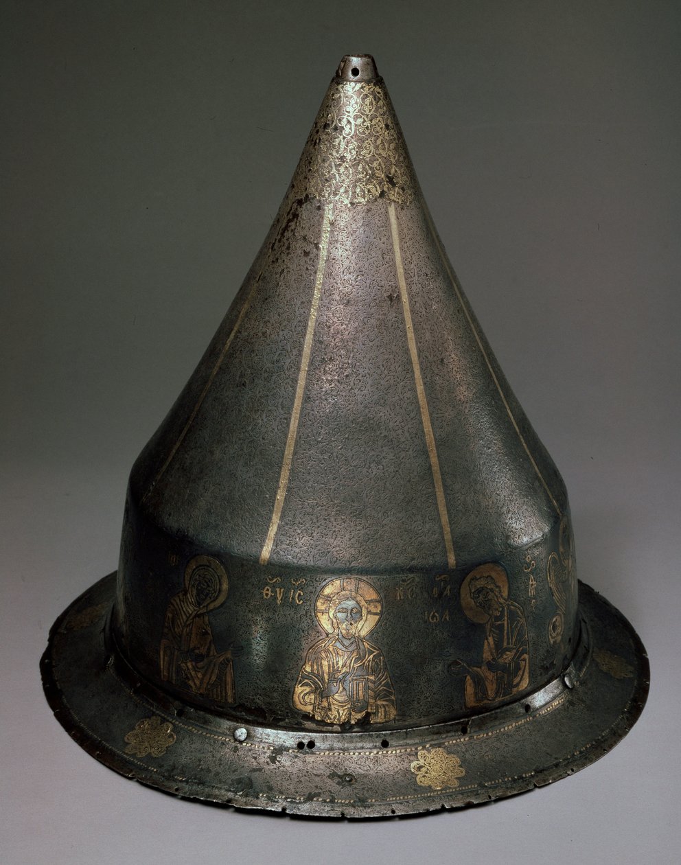 Stål, guld og sølv hjelm med Deesis, byzantinsk, 13. århundrede af Byzantine Byzantine