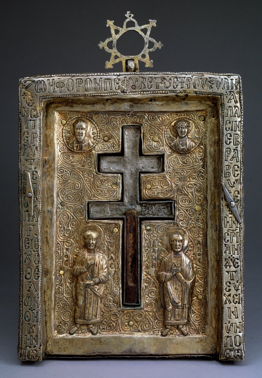 Korsrelikvieskrin af forgyldt sølv staurothek, byzantinsk, 1100-tallet af Byzantine Byzantine