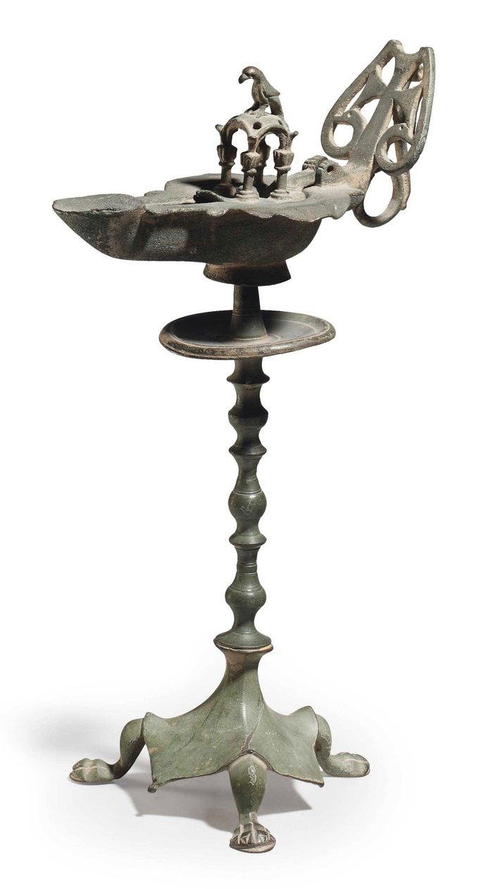 En byzantinsk bronzeolielampe og -stander, ca. 5.-6. århundrede e.Kr. (bronze) af Byzantine School