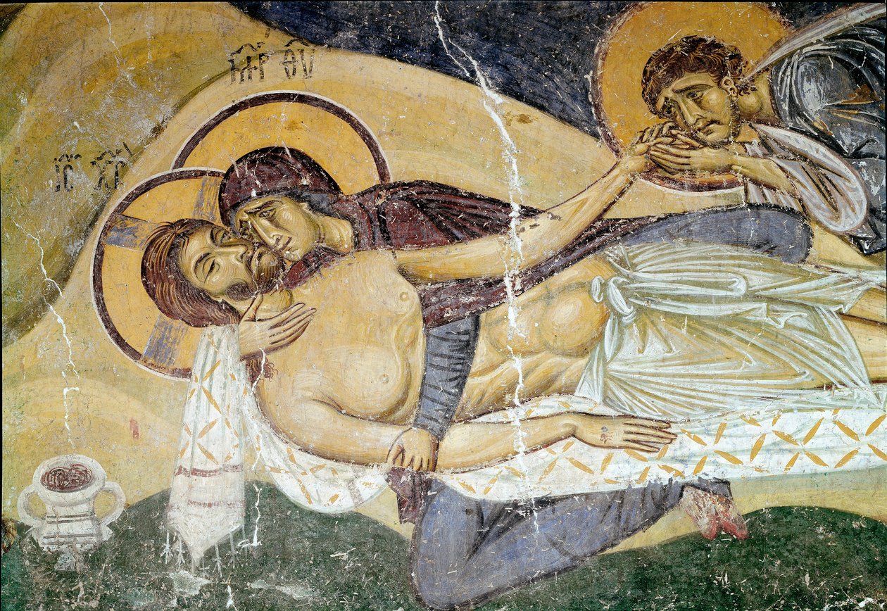 Byzantinsk kunst: "Lamentation on the Death of Christ"" Malers fresko fra det 12. århundrede. Detalje. Nerezi, San Pantaleimone, Macedoine af Byzantine School