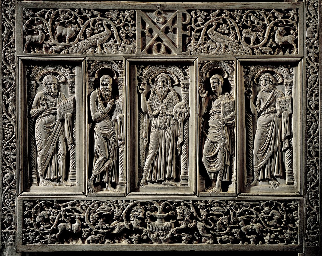 Byzantinsk kunst: ""Sankt Johannes Døberen og de fire evangelister"" ringere detalje af Chair of the Eveque of Ravenna Maximien (546-554) trone episkopal (cathedra) i elfenben, sandsynligvis realiserer en Konstantinopel Ravenna, Museo Arcivescovile (byzant af Byzantine School