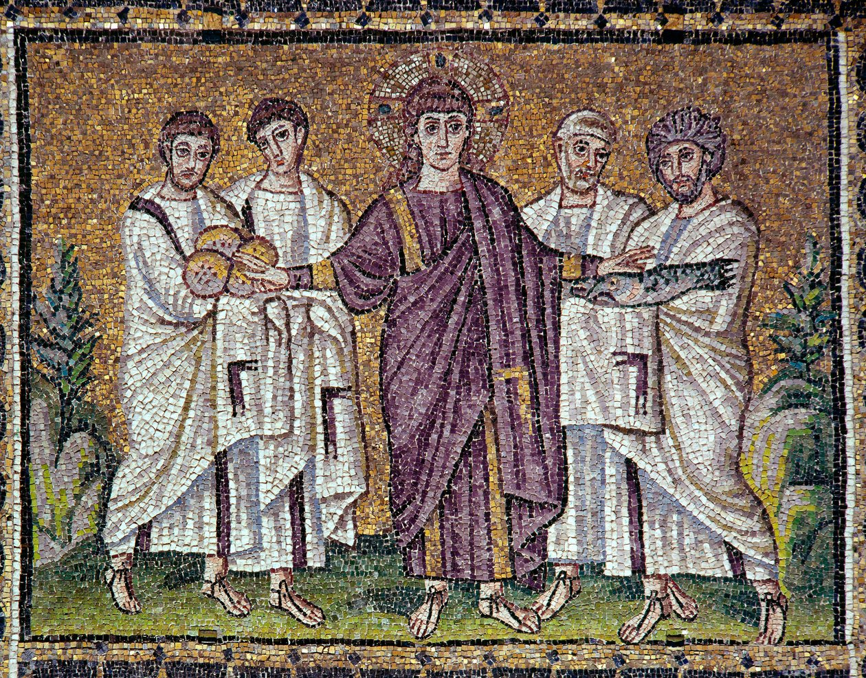 Byzantinsk kunst: "Mangfoldiggørelsen af brød og fisk" Mosaik fra det 6. århundrede. Basilikaen Saint Apollinar the Nine i Ravenna (Sant