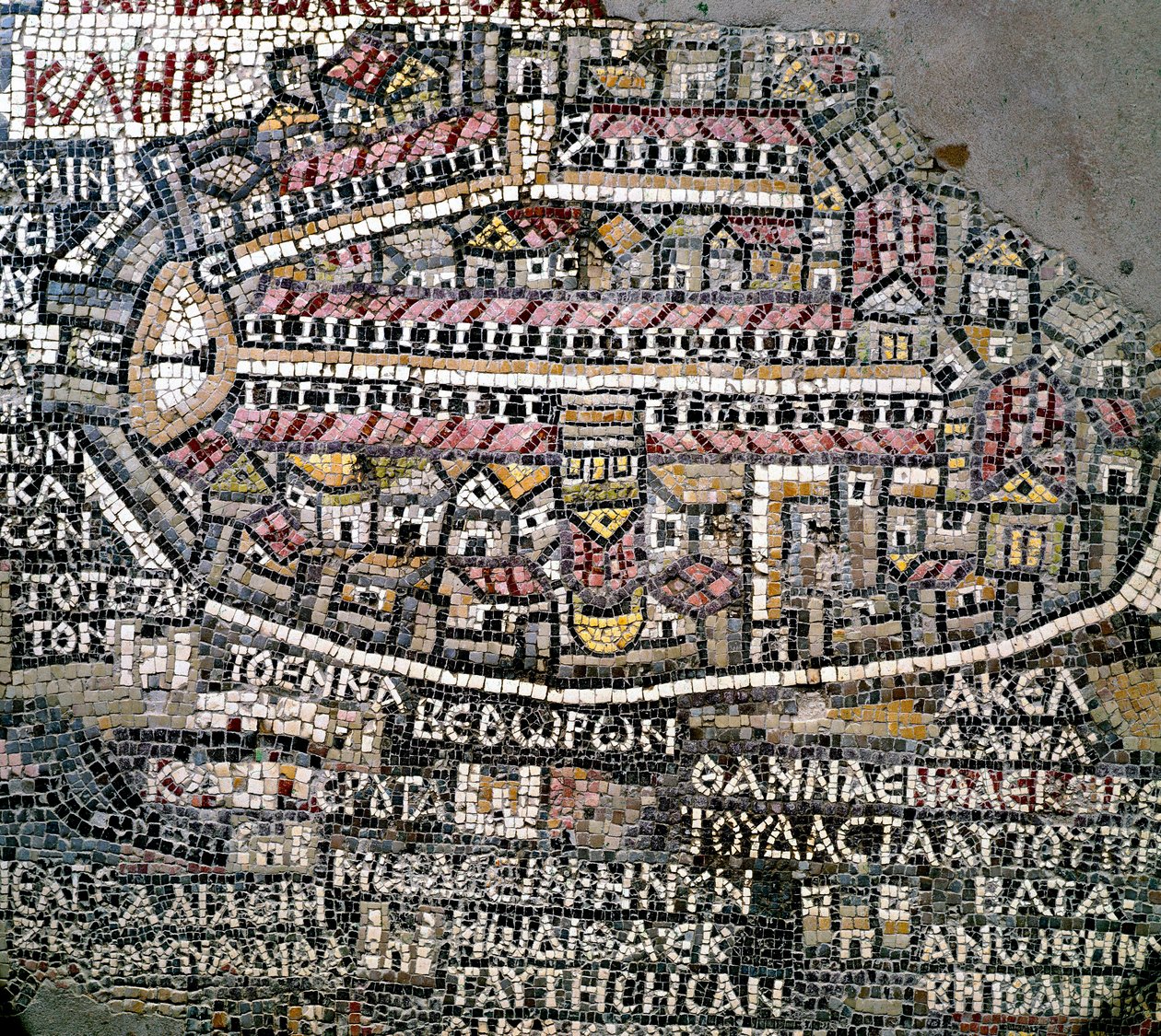Byzantinsk kunst: ældste kort over Palæstina. Detalje, der repræsenterer Jerusalem. Mosaik fra det 6. århundrede. Madaba, St. George-kirken af Byzantine School