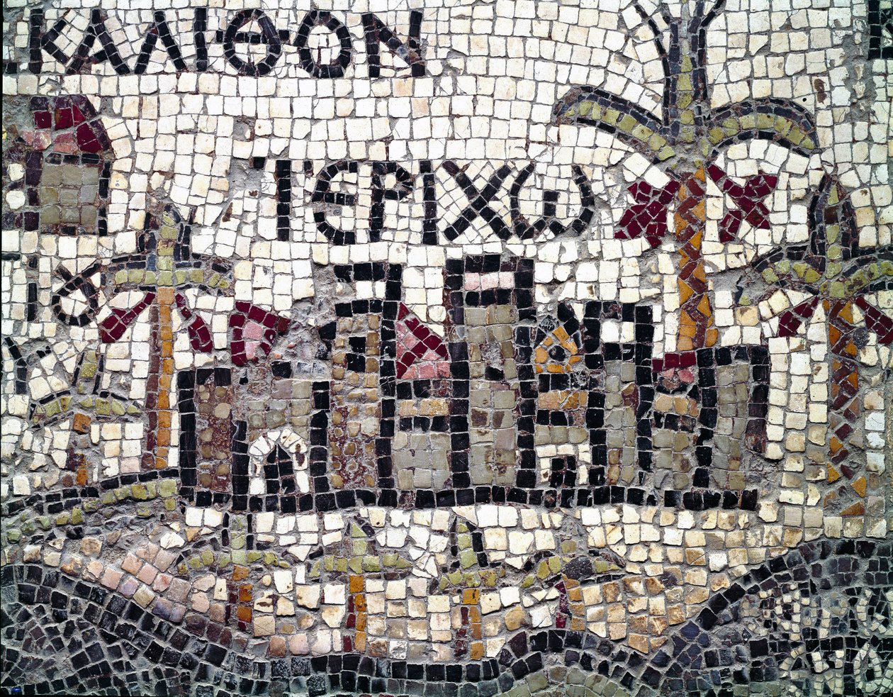 Byzantinsk kunst: ældste kort over Palæstina. Detalje, der repræsenterer byen Jeriko (med navnet på græsk). Mosaik fra det 6. århundrede. Madaba, St. George-kirken af Byzantine School