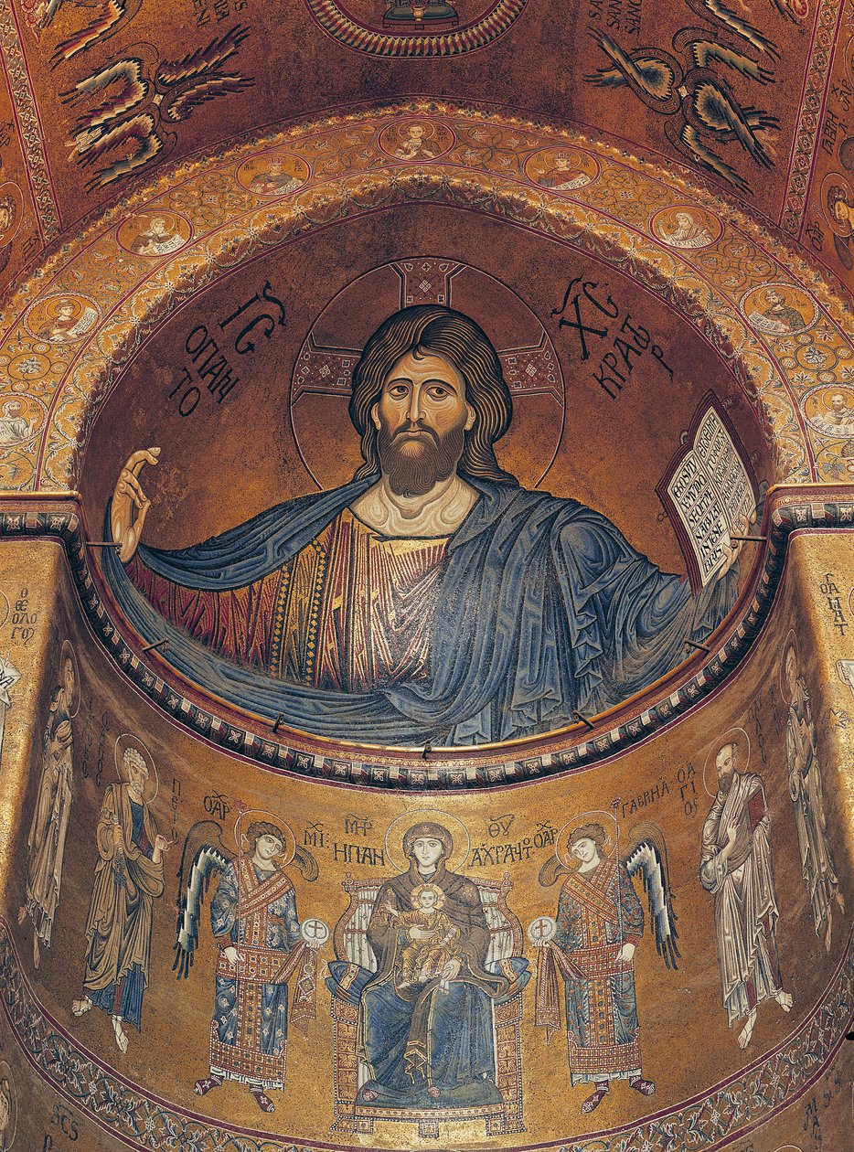 Kristus pantokrator og madonnaen tronet med engle og apostle, fra den centrale apsis (mosaik) af Byzantine School