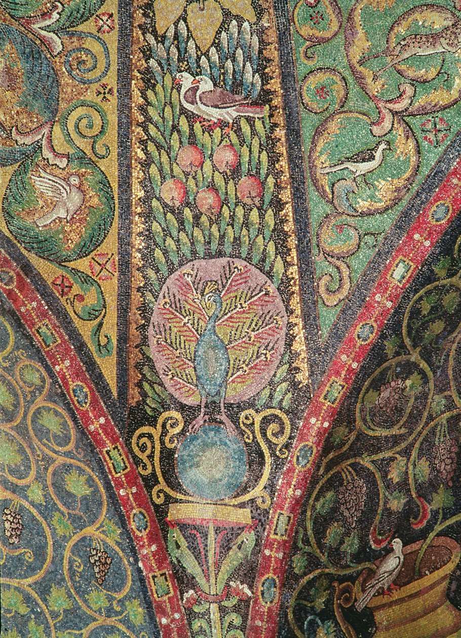 Detalje fra hvælvingen forestillende fugle og en påfugl (mosaik) af Byzantine School