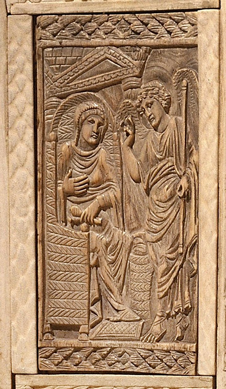 Detalje af bebudelsen, fra biskop Maximians stol (indlagt træ og elfenben) af Byzantine School