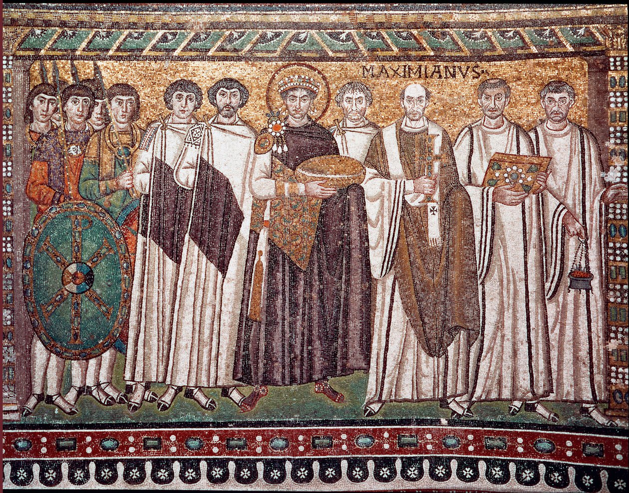 Kejser Justinian I og hans følge af embedsmænd, vagter og gejstlige, ca. 547 e.Kr (mosaik) af Byzantine School