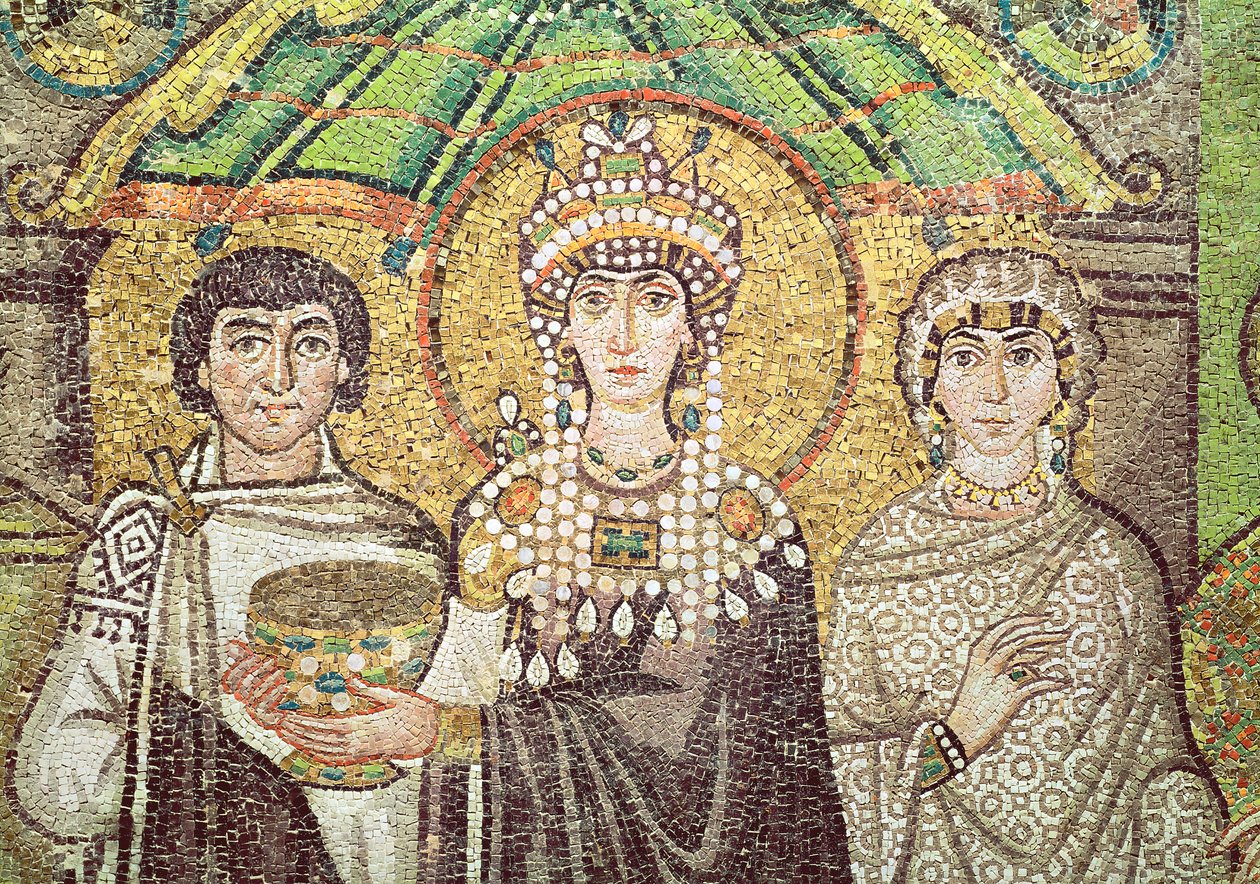 Kejserinde Theodora med sit hof bestående af to ministre og syv kvinder, ca. 547 e.Kr. (mosaik) (detalje) af Byzantine School