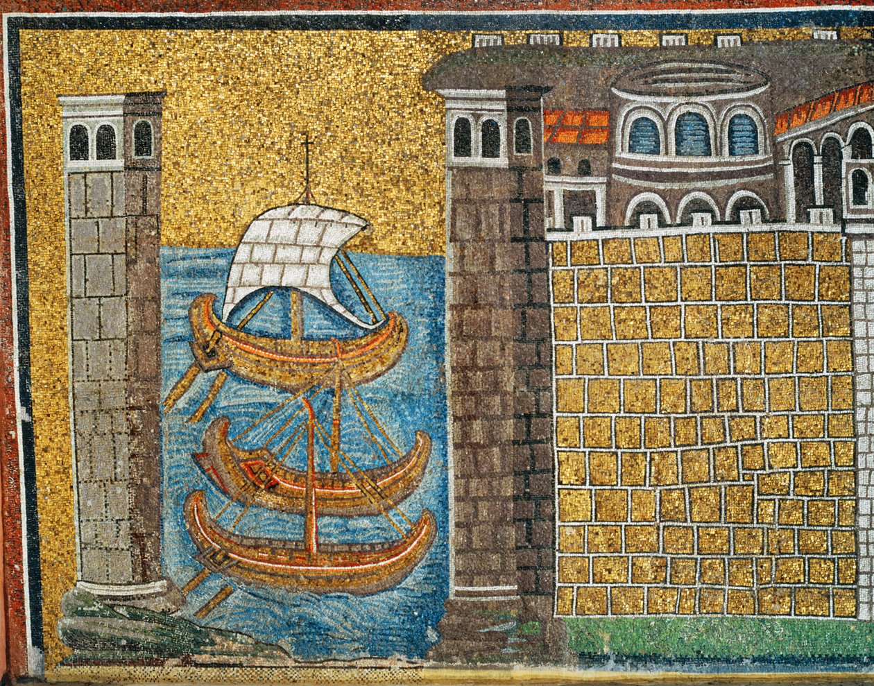 Indsejling til havnen i Classe, havnetårne og tre skibe, detalje, 6. århundrede (mosaik) af Byzantine School