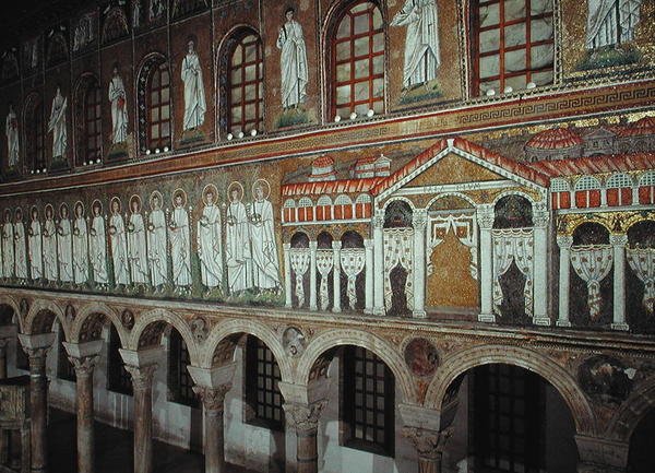 Facaden af Palazzo di Teodorico og processionen af martyrer, 527-99 (mosaik) af Byzantine School
