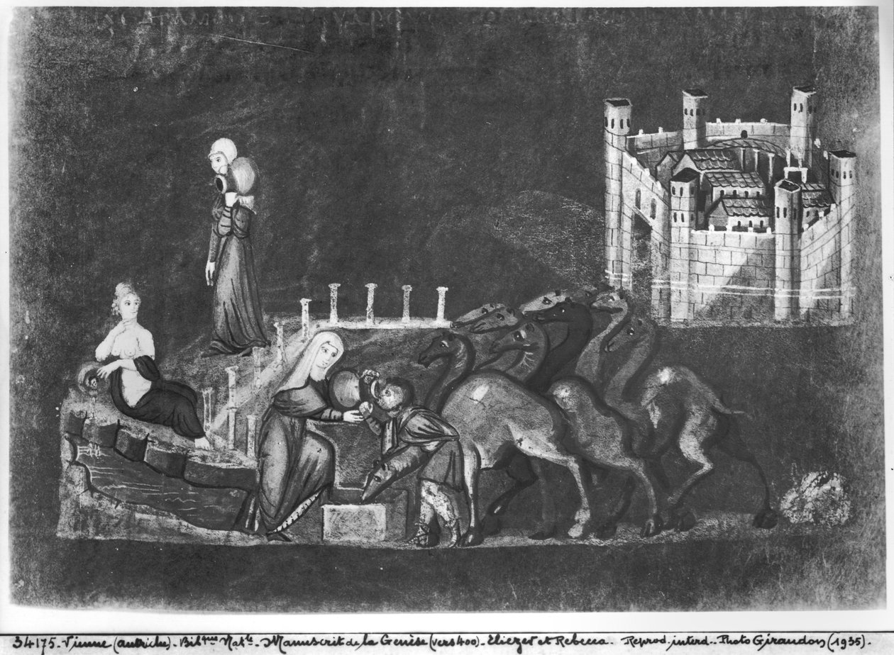 Gr 31 fol.7r Rebecca og Eliezer ved brønden, fra Wiener Genesis af Byzantine School