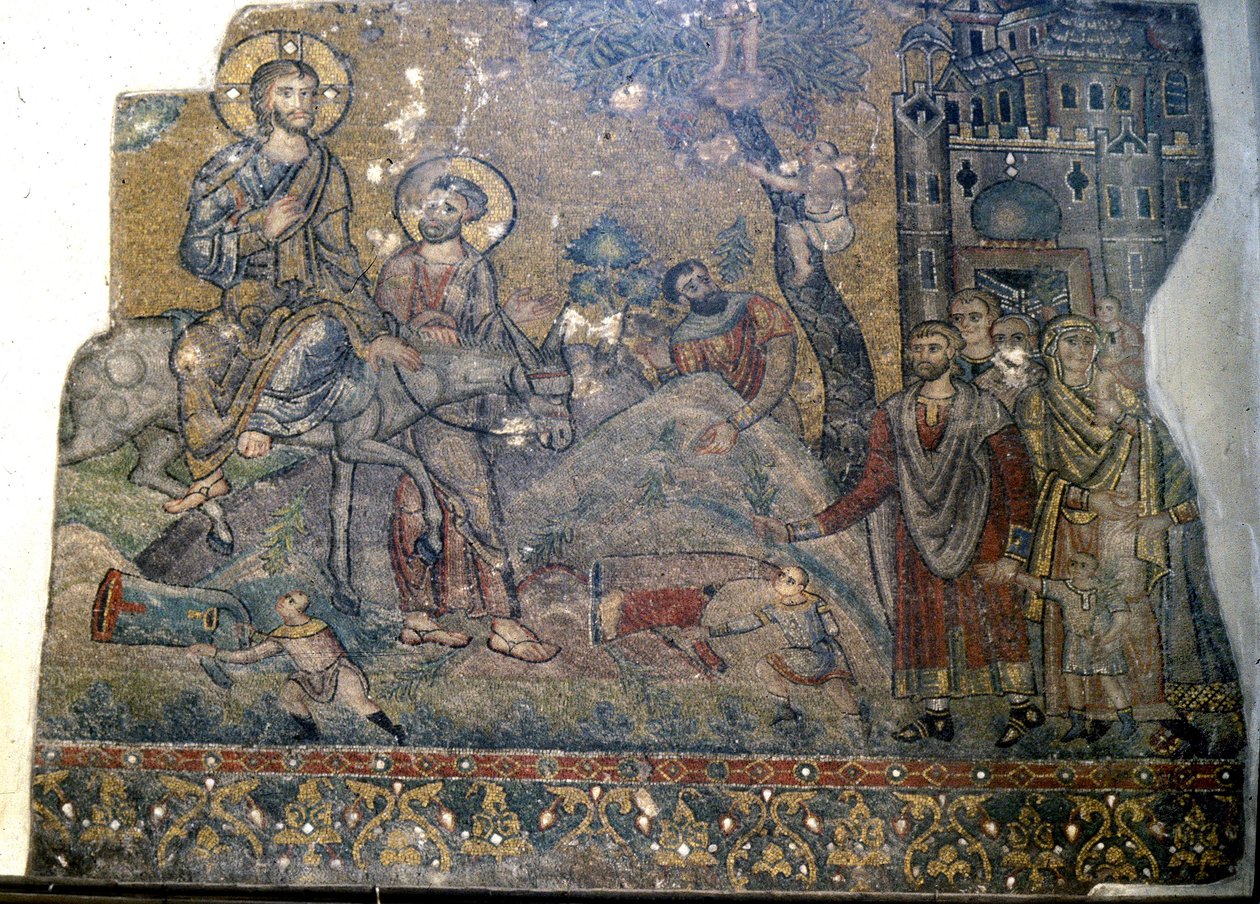 Jesus kommer ind i Jerusalem palmesøndag, Fødselskirken, Betlehem (mosaik) af Byzantine School