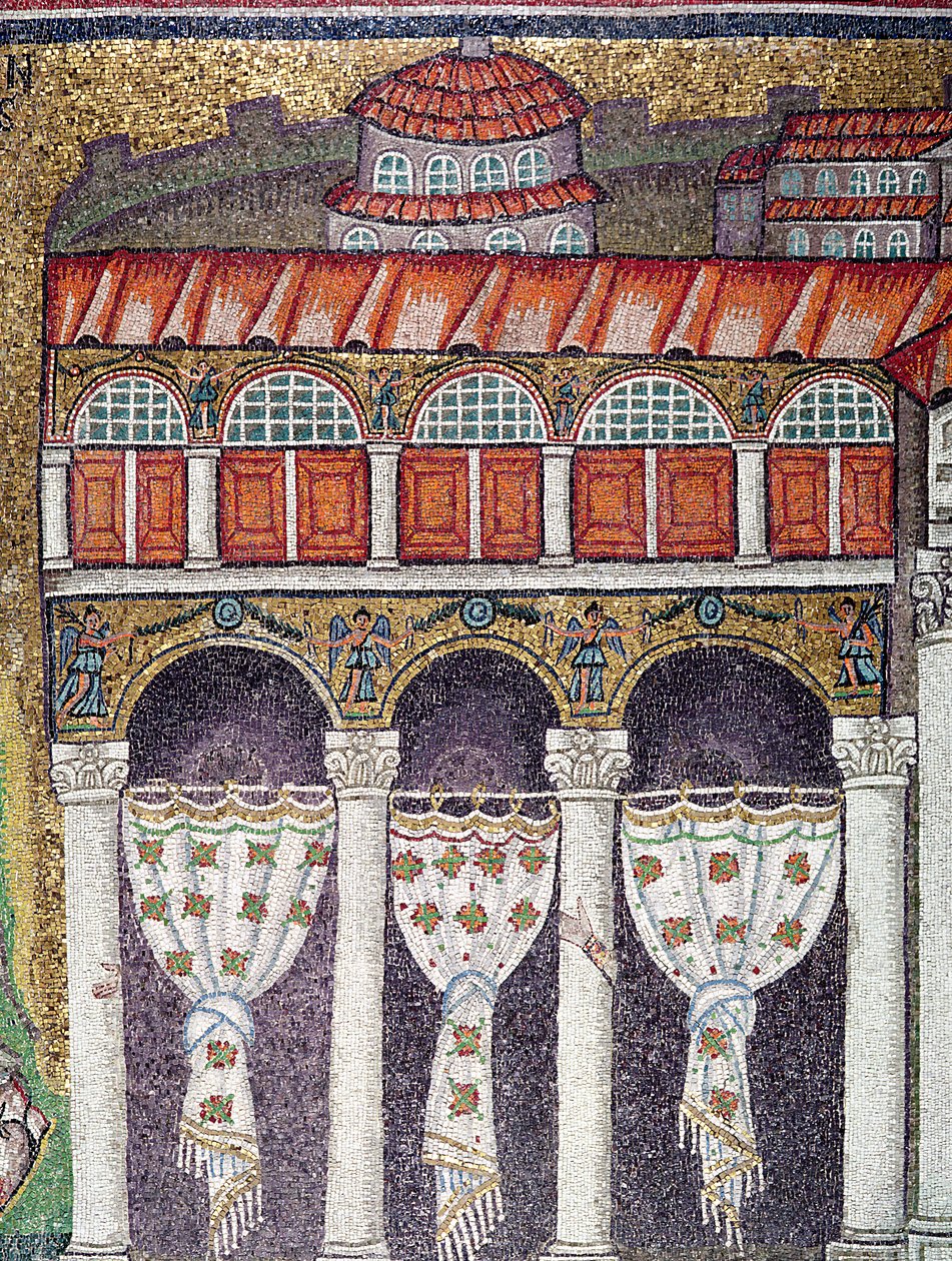 Venstre fløj af Palazzo di Teodorico, 527-99 (mosaik) (detalje af 224988) af Byzantine School