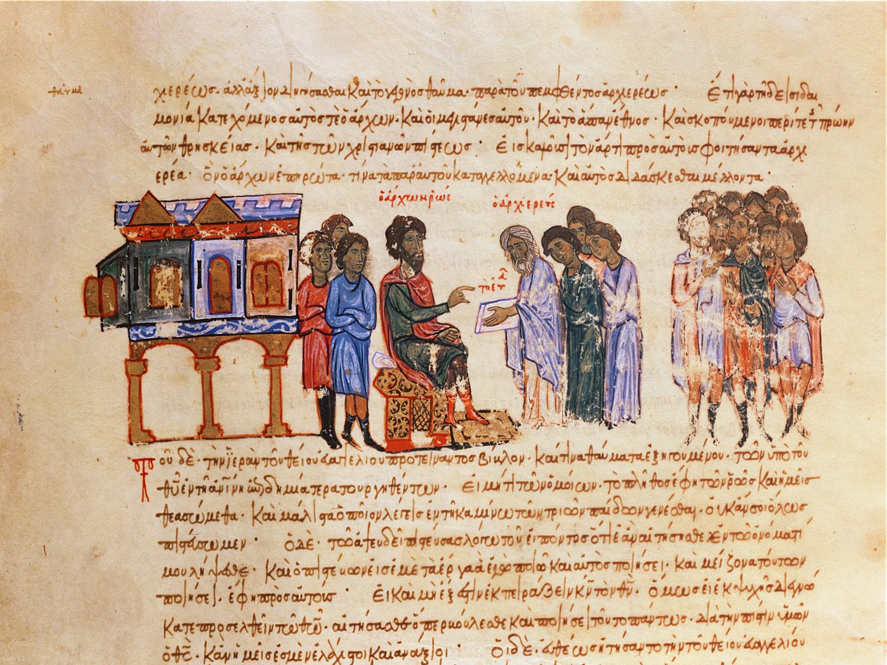 MMS Vitr 26-7 ambassadør fra Kiev sendt af kong Vladimir (978-1015) bliver fortalt om kristendommen af en byzantinsk biskop fra Madrid Skylitzes af Byzantine School