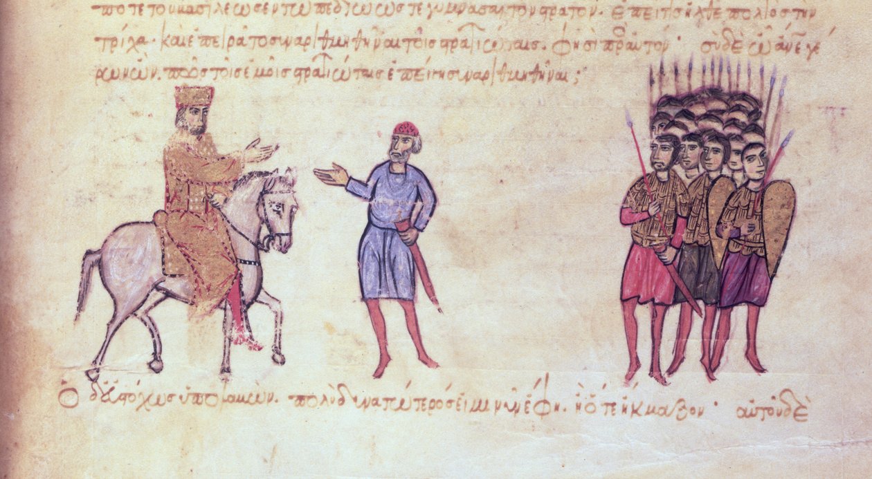 MMS Vitr 26-7 Den byzantinske hær sætter bulgarerne fra Tzar Krum på flugt fra Madrid Skylitzes (blæk og guld på vellum) af Byzantine School