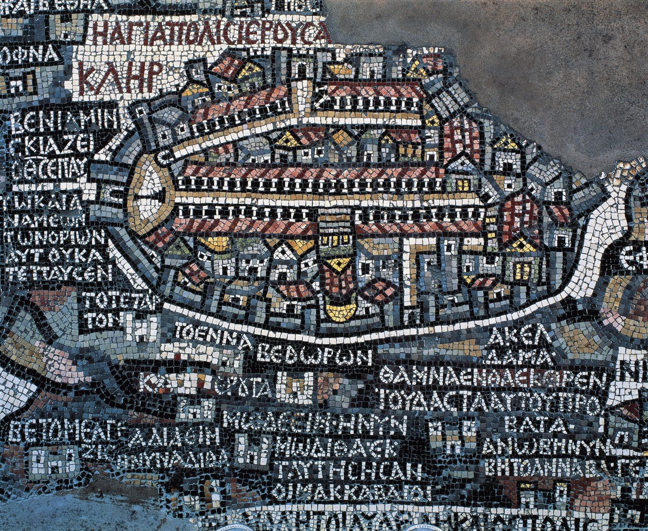 Madaba-mosaikkort (kort over det hellige land), 560, mosaik i den græsk-ortodokse Sankt Georgs basilika, Madaba, Jordan, byzantinsk civilisation, 6. århundrede (mosaik) af Byzantine School