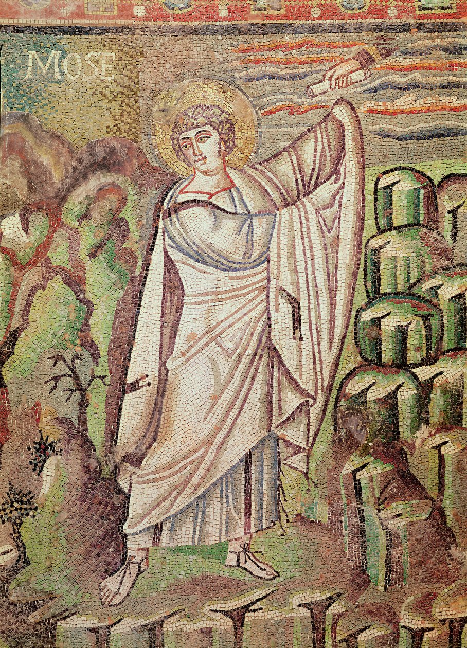 Moses på Sinai-bjerget, figur over lunetten, der viser Abrahams gæstfrihed og Isaks offer, 6. århundrede (mosaik) (detalje fra 154709) af Byzantine School
