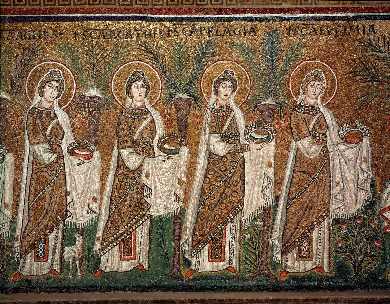Procession af jomfruer (detalje af mosaikker, 6. århundrede) af Byzantine School