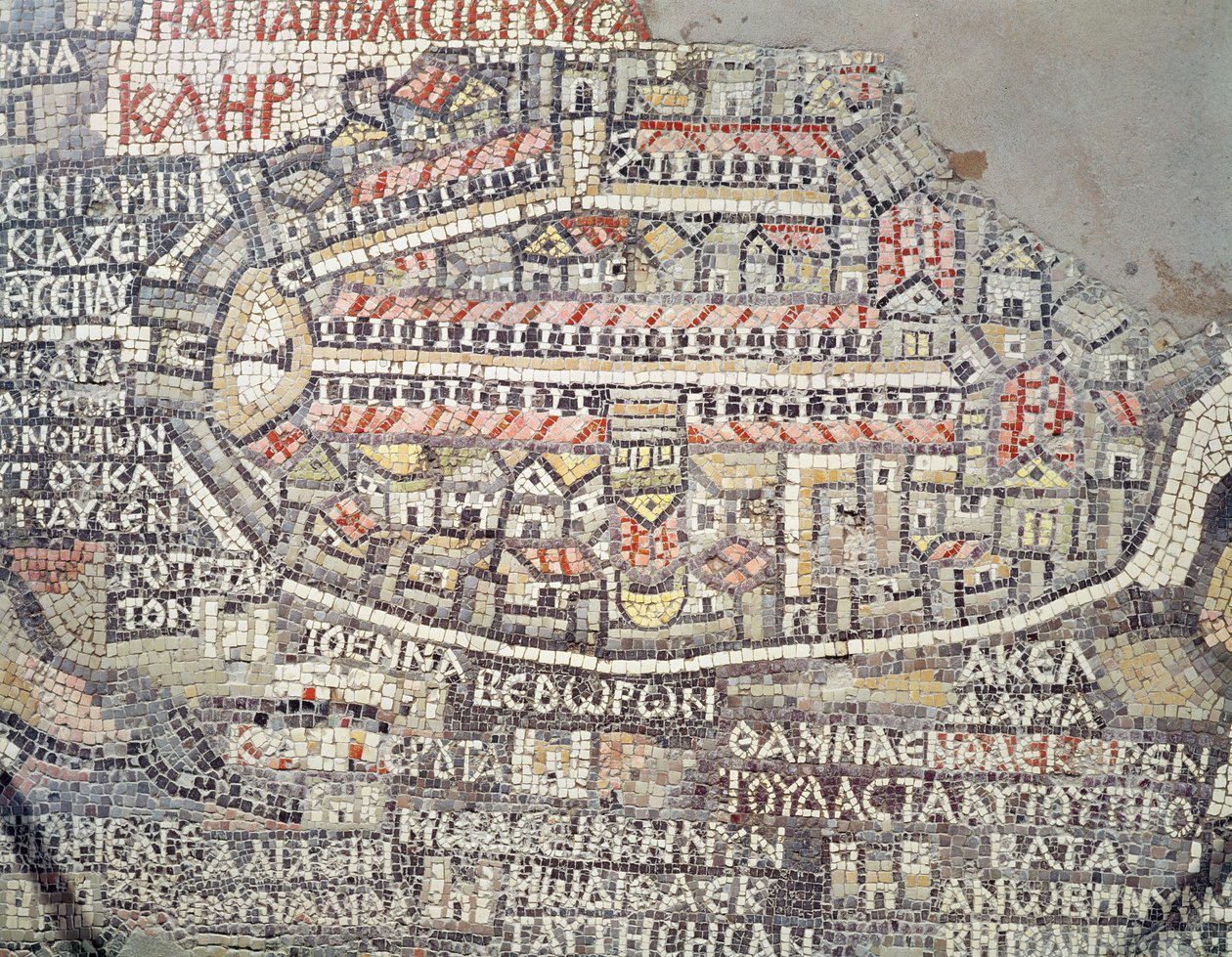 Byen Jerusalem og det omkringliggende område, detaljer fra Madaba mosaikkort, byzantinsk, 6. århundrede (mosaik) af Byzantine School