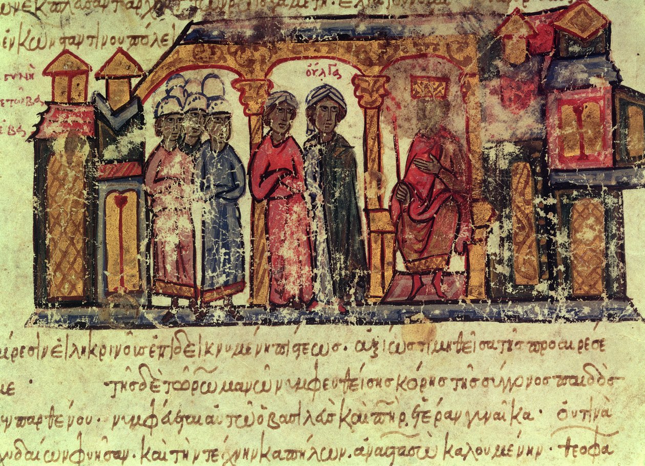 The Conversion of Olga (d.969) fra Madrid Skylitzes af Byzantine School