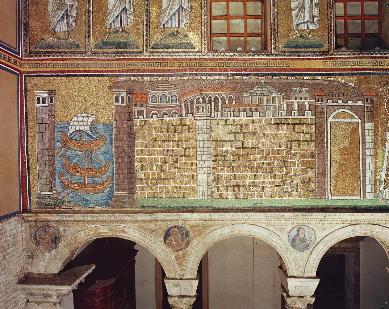 Flåden i havnen i Ravenna, 535-38 AD (mosaik) af Byzantine School