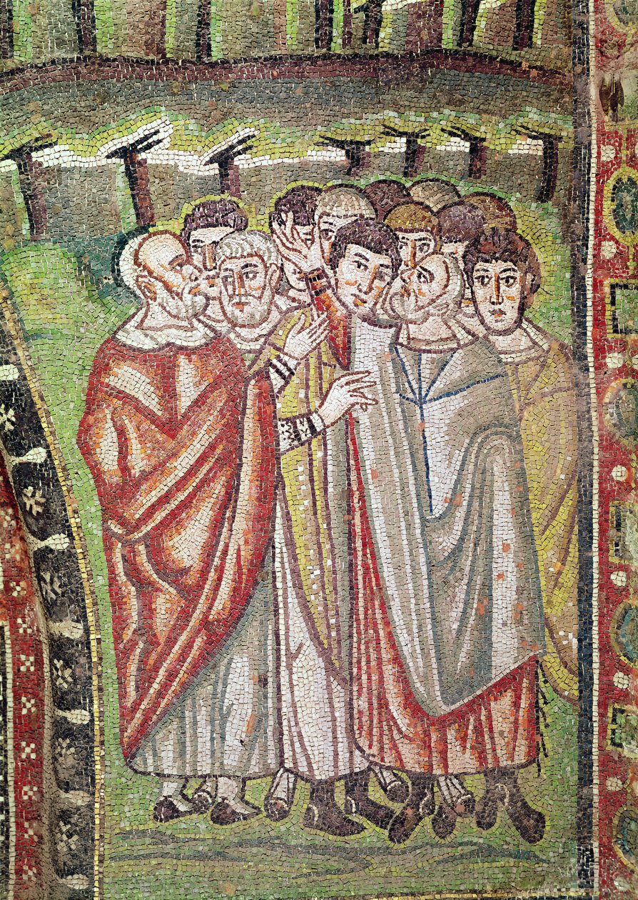 Det hebraiske folk, detalje fra Abrahams gæstfrihed og Isaks offer, 6. århundrede (mosaik) af Byzantine School