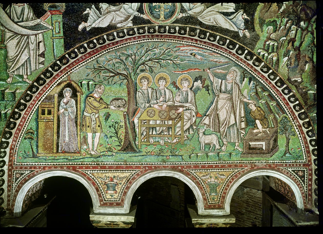 The Hospitality of Abraham and the Sacrifice of Isaac, 6. århundrede (mosaik) af Byzantine School
