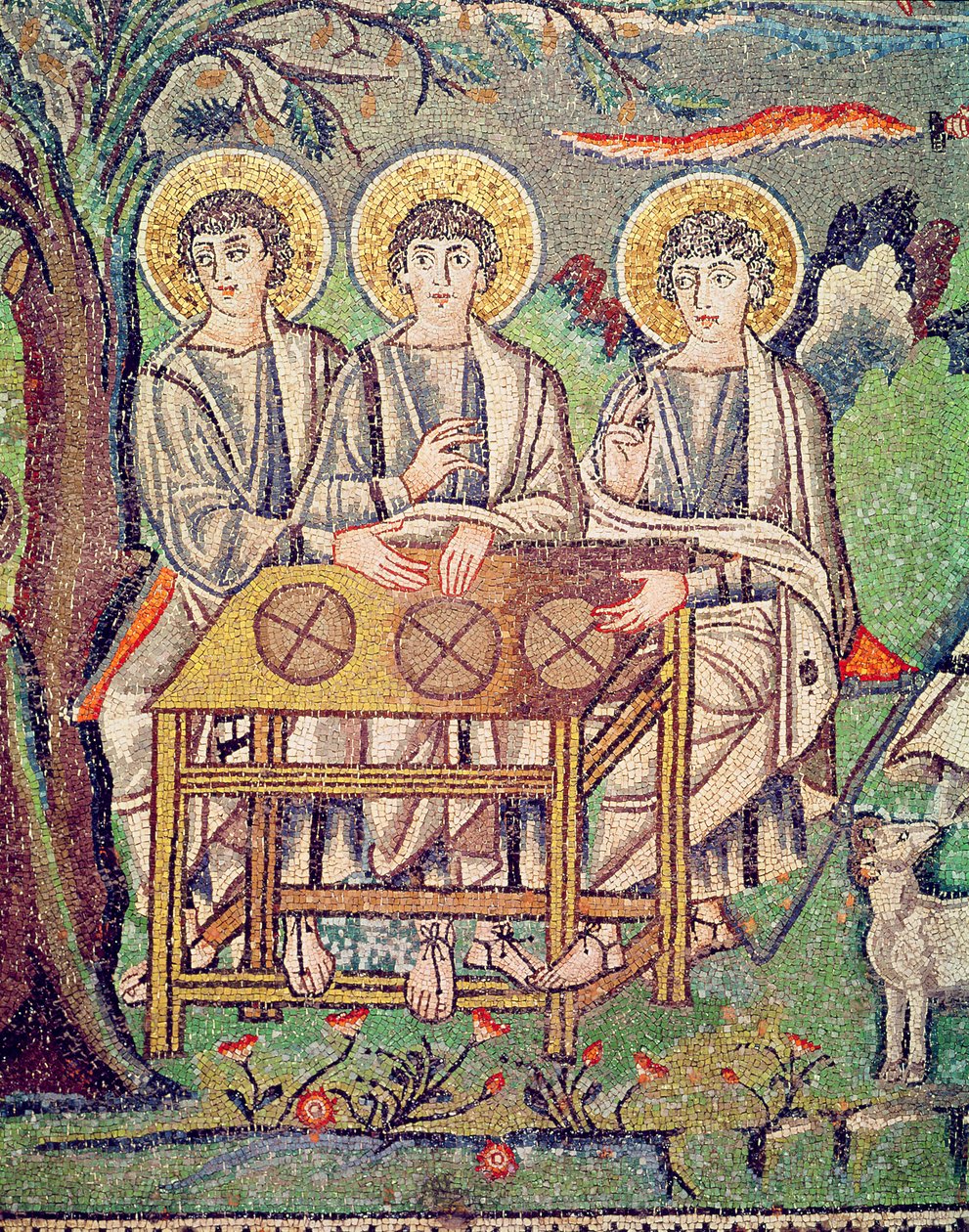 De tre engle, detalje af Abrahams gæstfrihed og Isaks ofring, 6. århundrede (mosaik) (se 154709) af Byzantine School