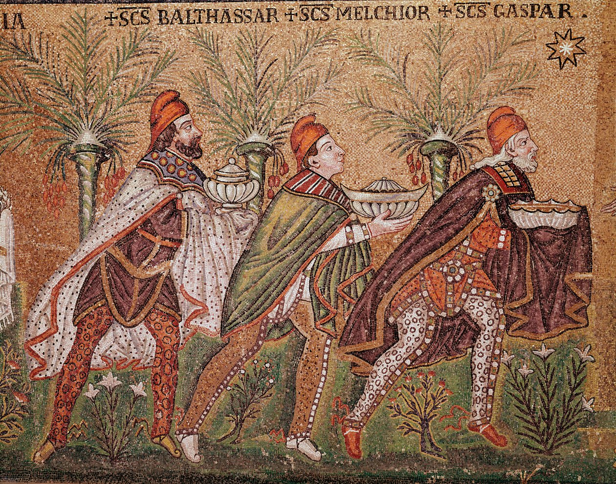 De vises tilbedelse (detalje af mosaik, 6. århundrede) af Byzantine School