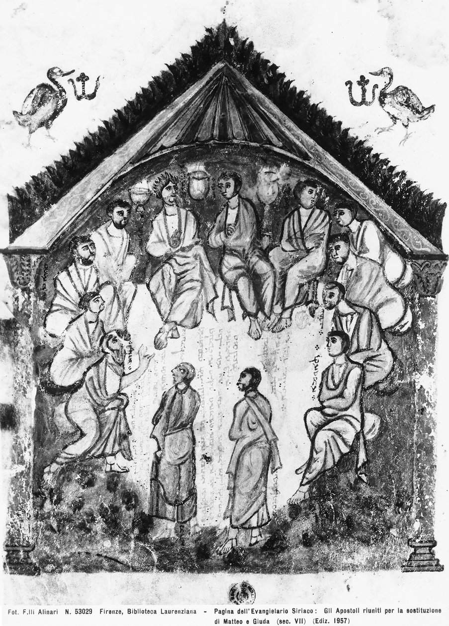 Apostlene samledes for at erstatte Judas med Matthias, folio fra Rabula-evangelierne, 586 AD (tempera på vellum) af Byzantine School