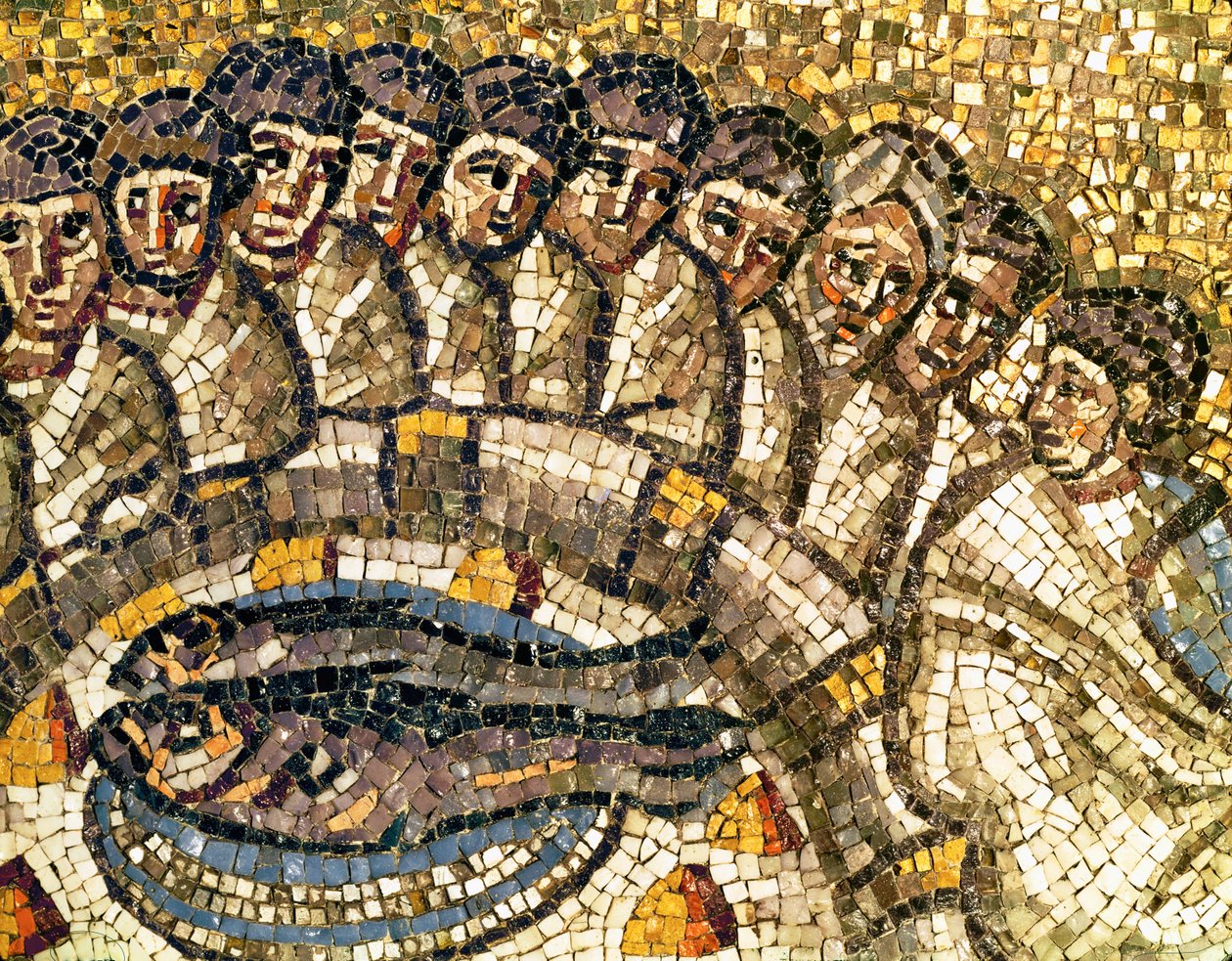 Fisken og apostlene, detalje fra "Den sidste nadver", 6. århundrede (mosaik) af Byzantine School