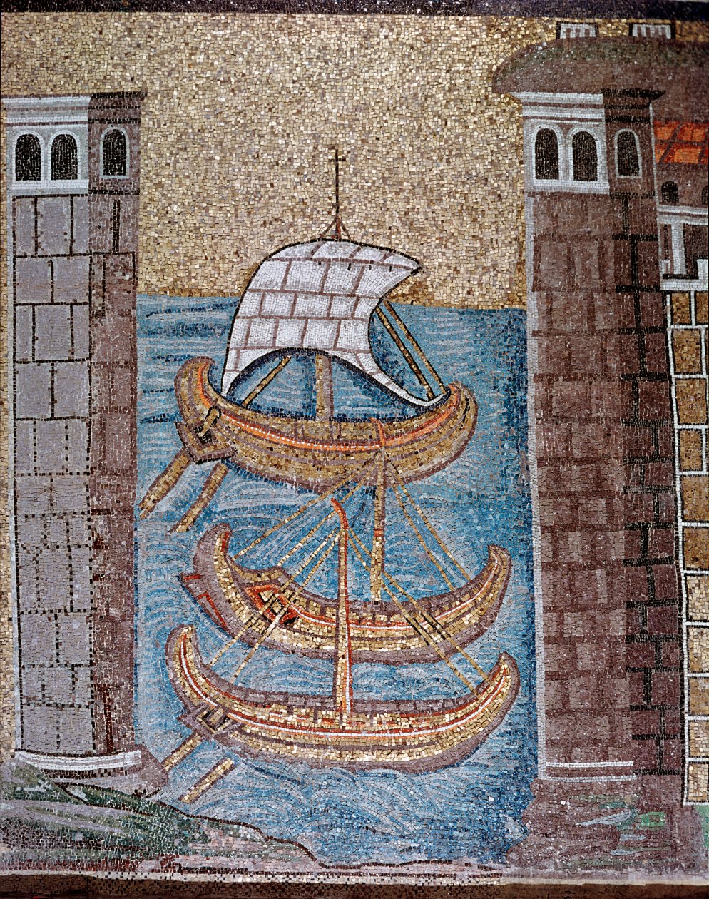 Udsigt over både i havnen i Class (Detalje af mosaikker, 6. århundrede) af Byzantine School