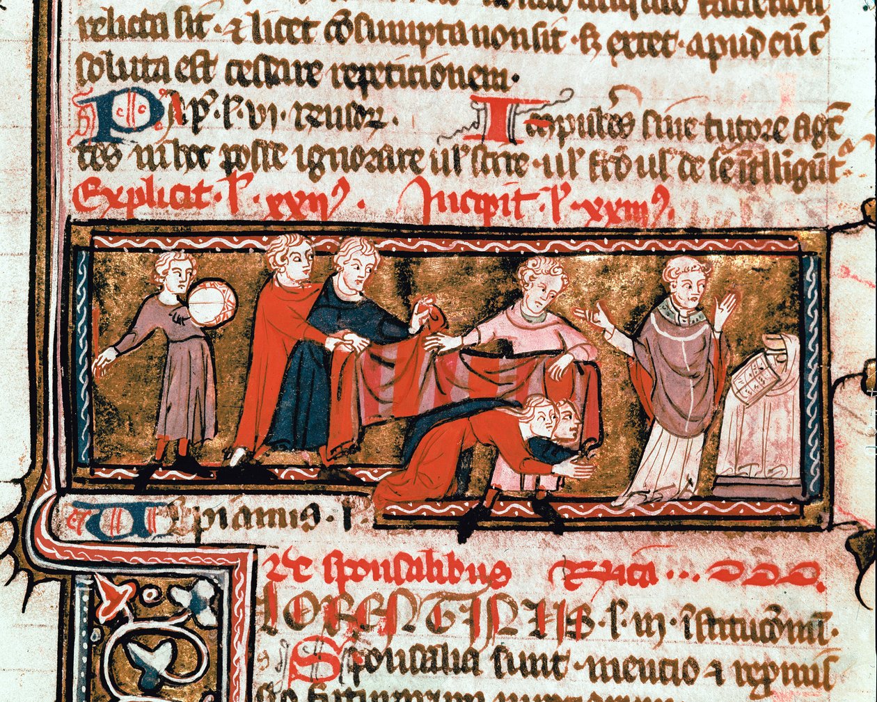 Bryllupsscene, ægtefællerne er dækket af et klæde, symbol på deres forening Miniature taget fra Justinian Code (Codex Justinianus), en samling af love og institutioner redigeret under den romerske kejser Justinian I af Byzantium (483-565) ms. 824 Mila af Byzantine School