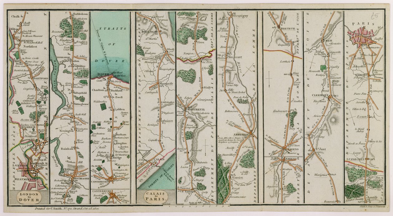 En ny vejplan fra London til Dover og fra Calais til Paris, indgraveret af Smith og Jones, 1801 (farvegravering) af C. A. Smith