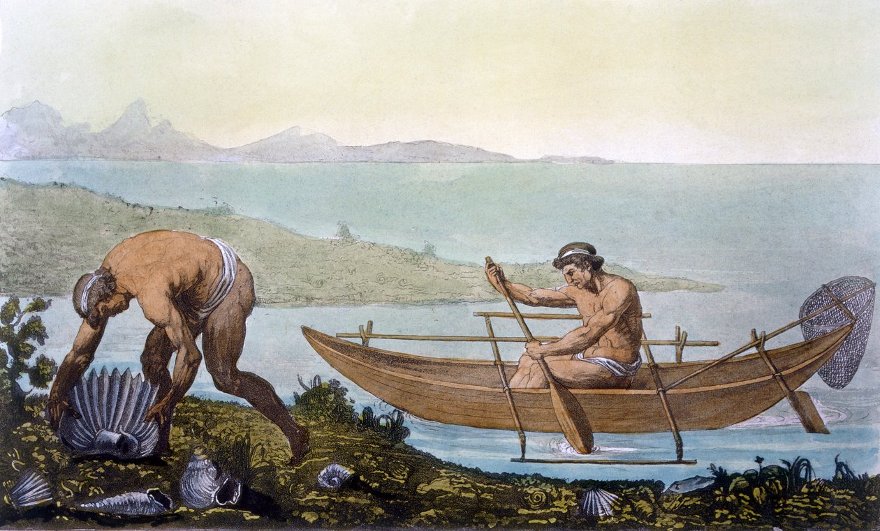Fisker i kano og mand, der samler kæmpeskaller, øen Ubi, fra 