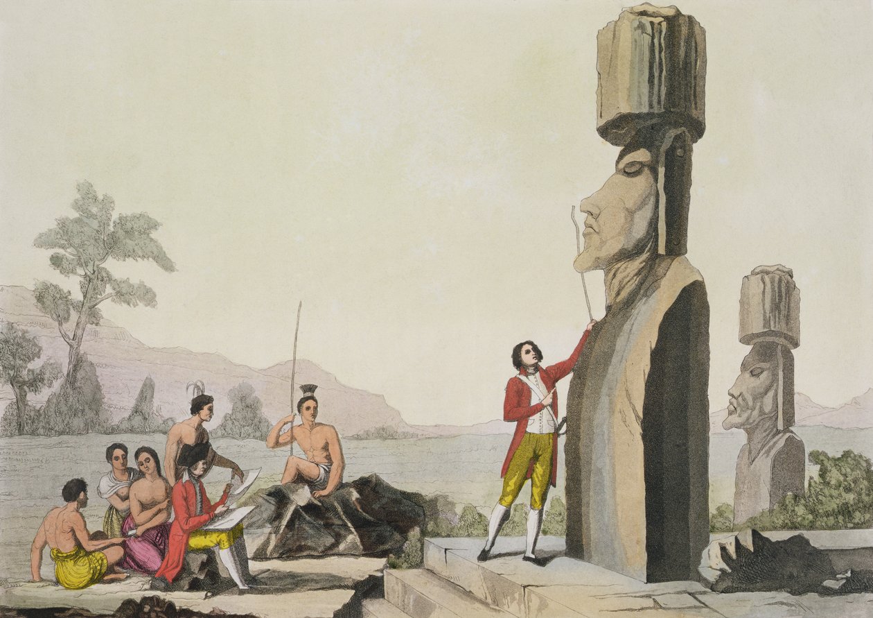 Island Monument, fra Kaptajn Cooks besøg på Påskeøen (farvegravering) af C. Bottigella