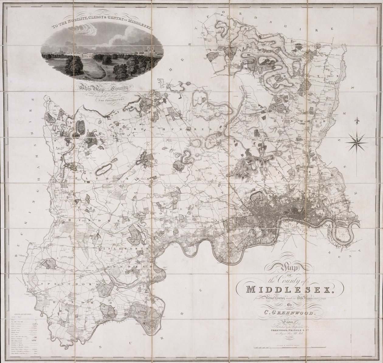 Kort over County of Middlesex, udgivet 1819 (print) af C. Greenwood
