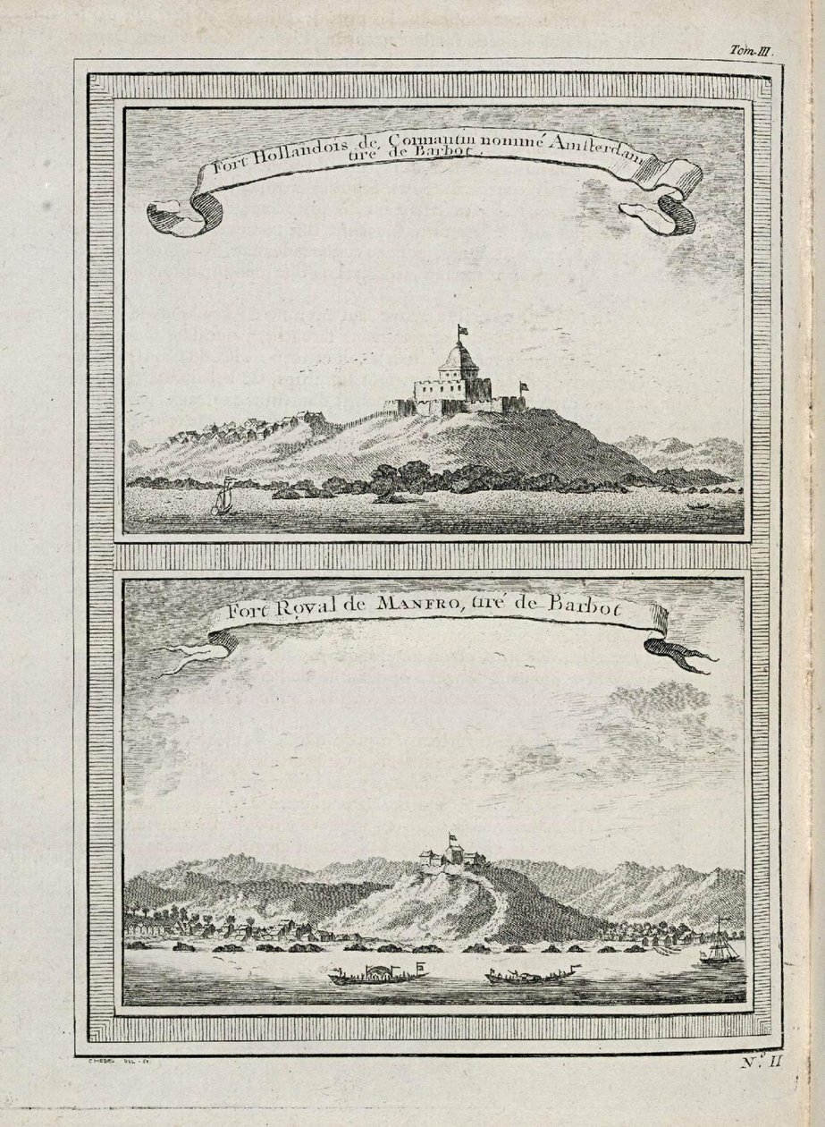 Udsigt over fæstningerne i Amsterdam på Cormantin og fortet Groot Frederiksborg i Princes Town af C. Hedel