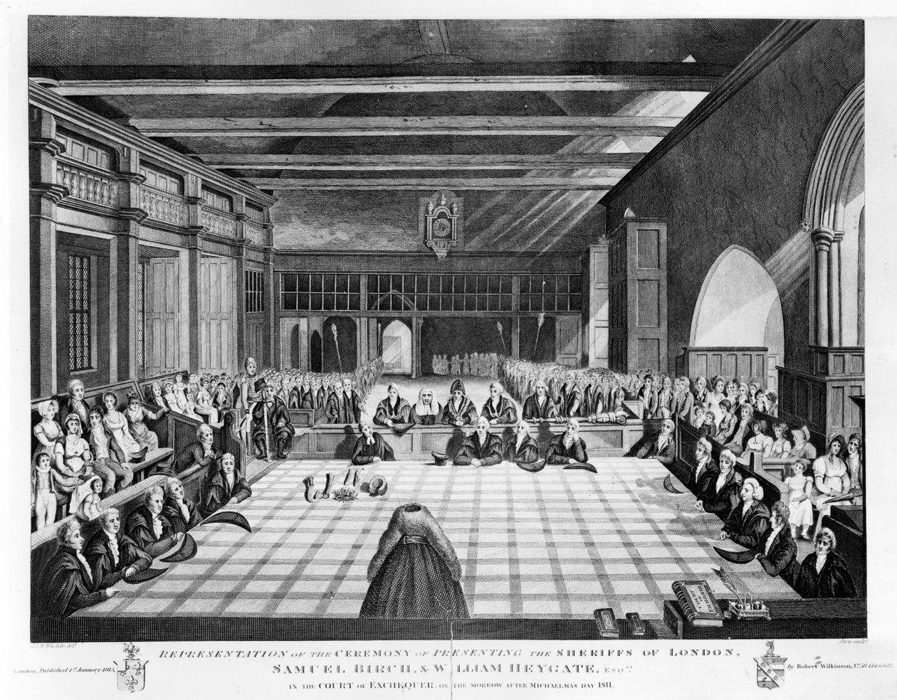 Repræsentation af præsentationsceremonien for sherifferne i London, Samuel Birch og William Heygate Esqs. i statskassen i morgen efter Michaelisfest 1811, tryk udført af James S. af C. John Mayle Whichelo