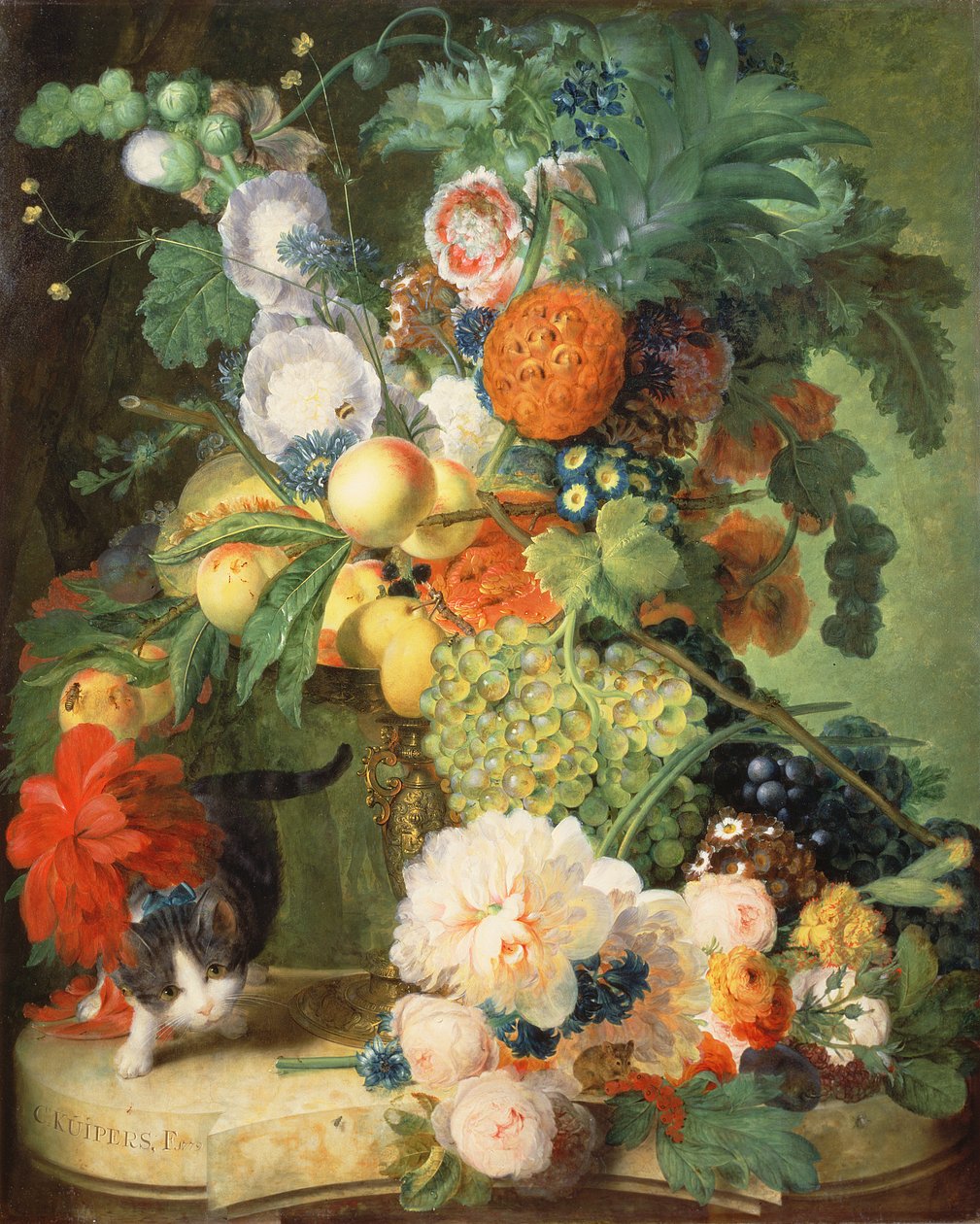 Stilleben med blomster og kat af C. Kuipers
