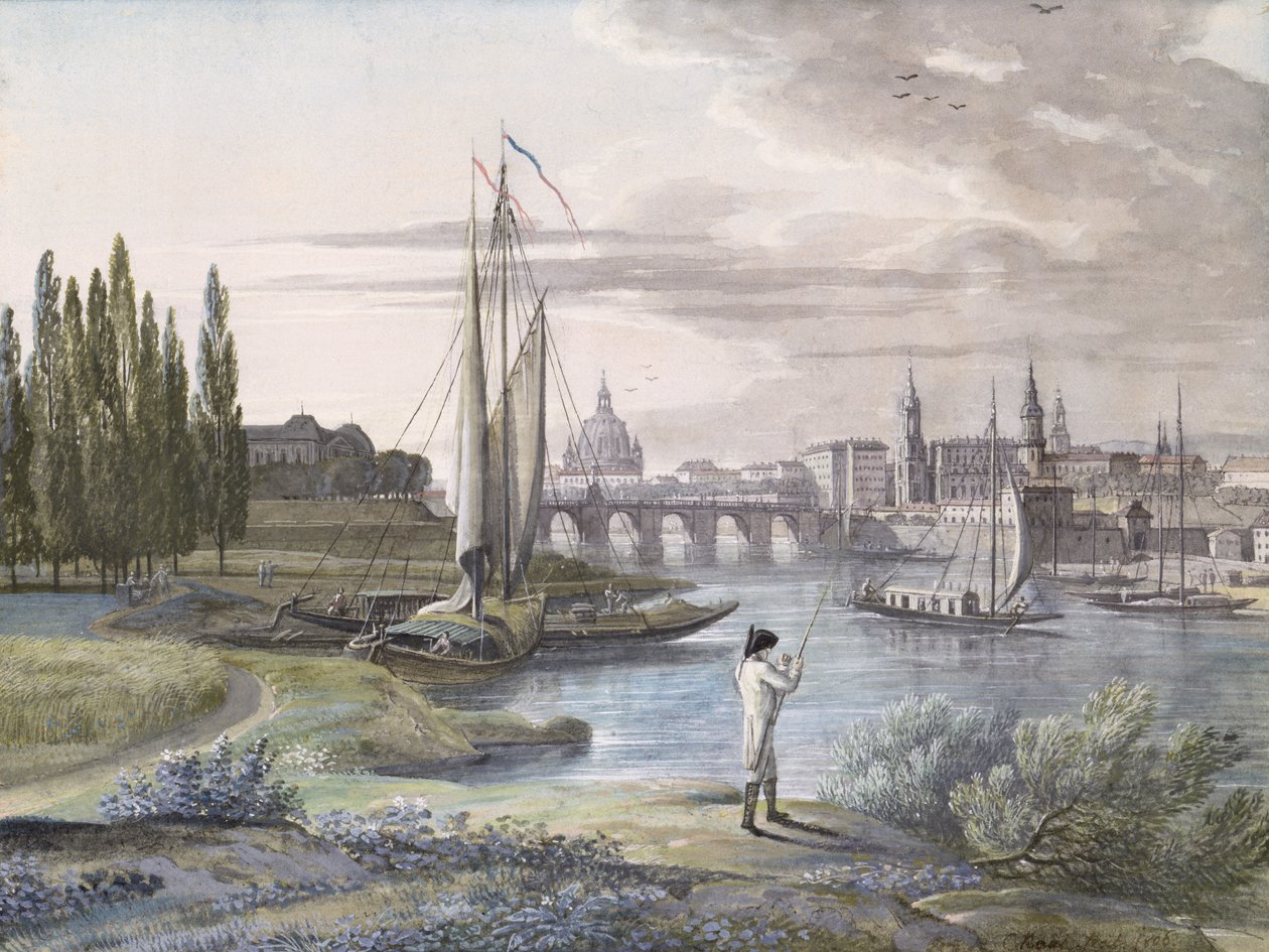 Udsigt over Dresden og floden Elben, 1806 (wc på papir) af C. Roes