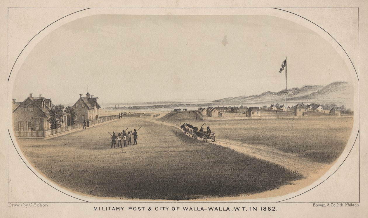 Militærpost og by Walla-Walla, W.T. i 1862, 1863 af C. Sohon