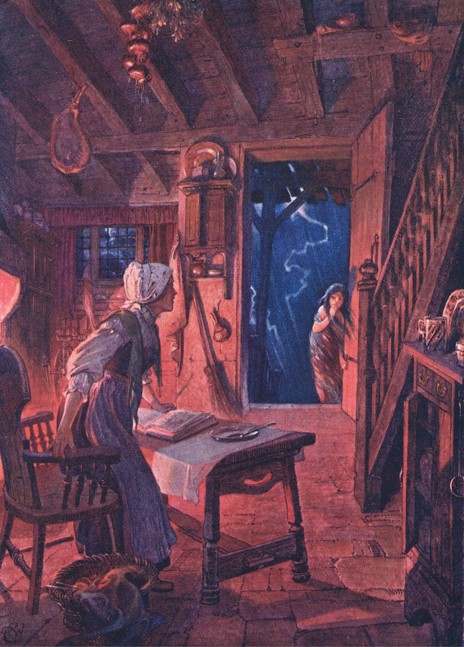 Døren fløj op, og på tærsklen så den forskrækkede kvinde en ung pige fra pubben The Child of the Air af Duckworth, 1910 af C. Wilhelm