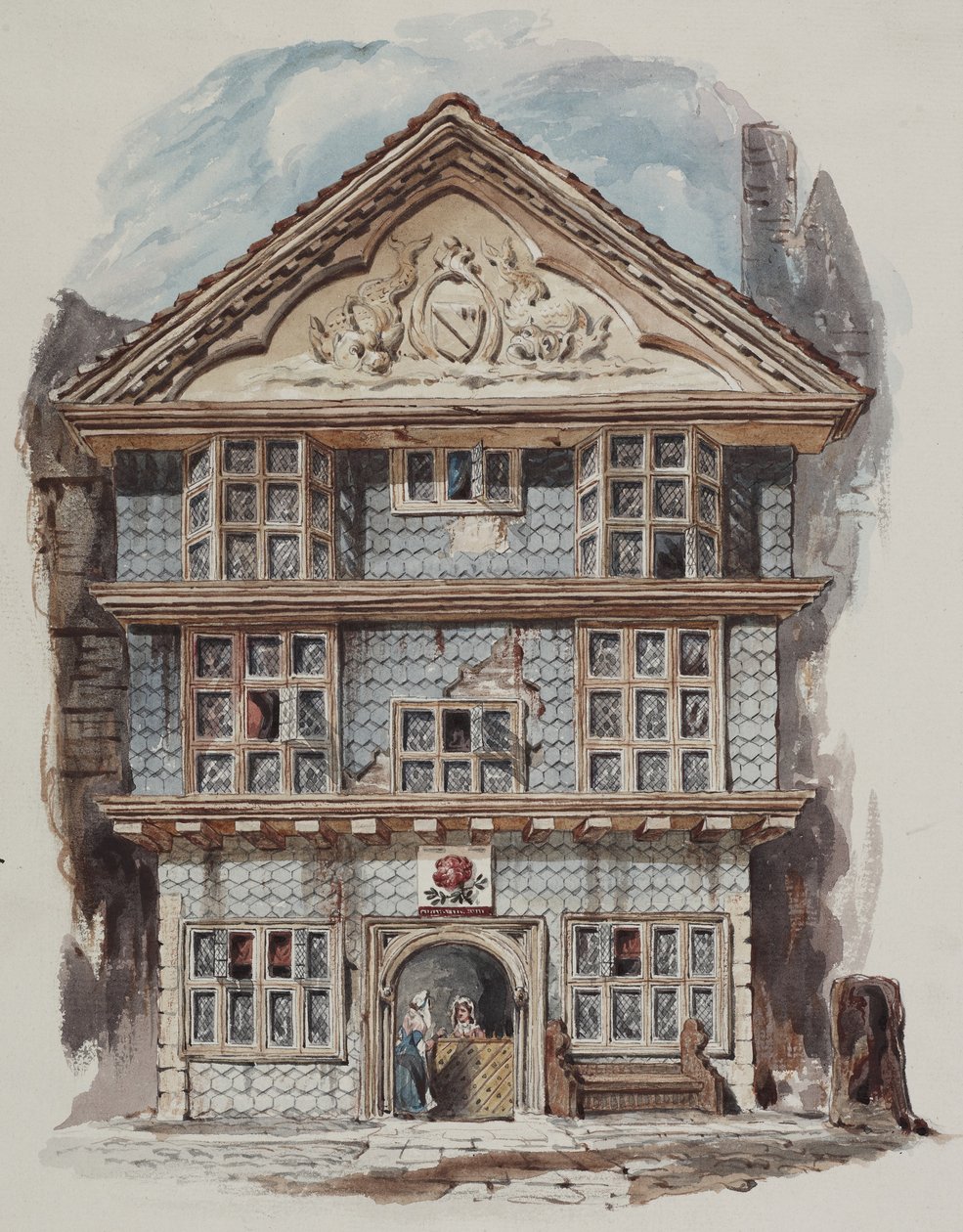 Retrospektiv udsigt over Rose Tavern, Fenchurch Street i 1730, ca. 1805 (wc på papir) af C. Williams
