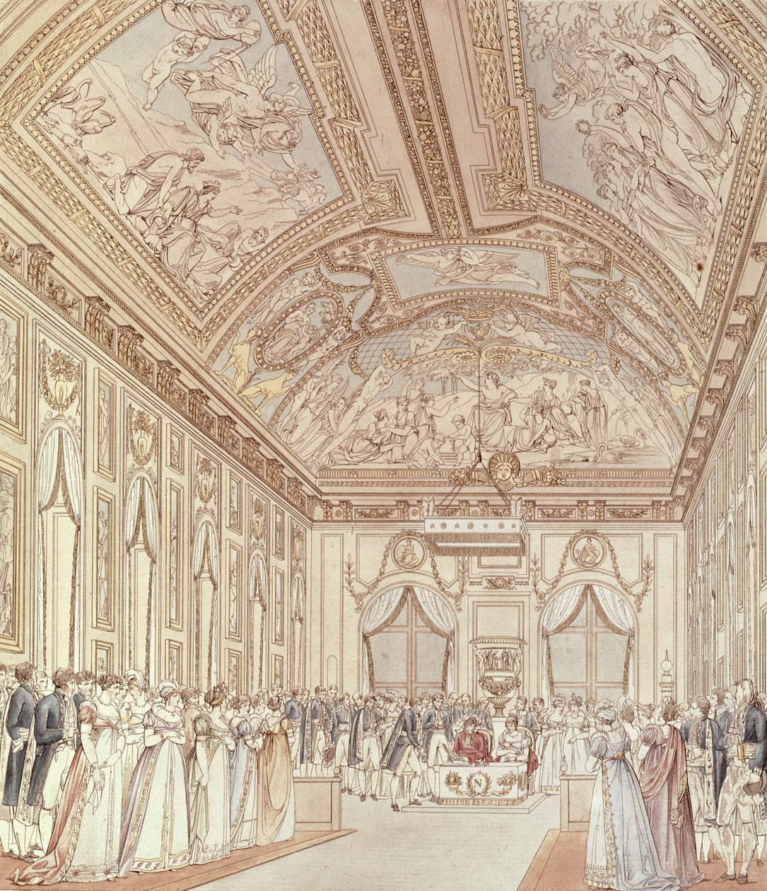 Den borgerlige ceremoni for vielsen mellem Napoleon Bonaparte (1769-1821) og Marie-Louise (1791-1847) i den store sal i Chateau de Saint-Cloud, 1. april 1810 af C. and Fontaine, P. Percier