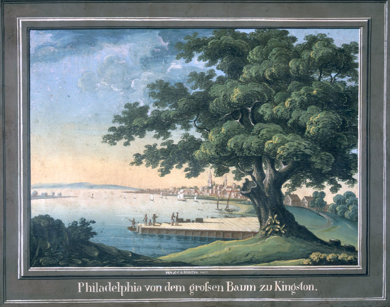 The Great Tree of Kingston med udsigt over Philadelphia bagved (wc og gouache på papir) af C.A. During