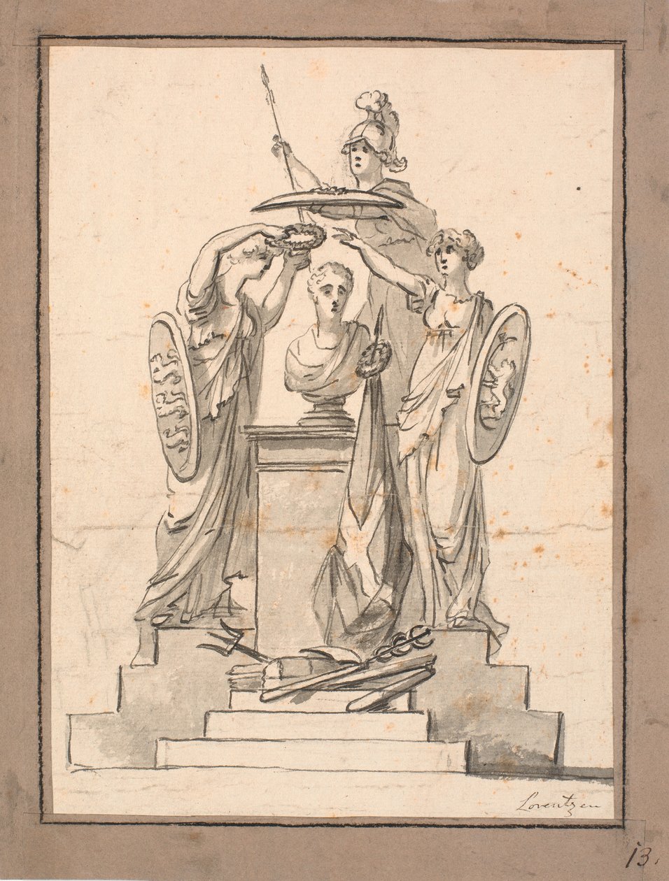 En buste (Fr. VI?) bekranses af tre kvinder med våbenskjolde af C.A. Lorentzen