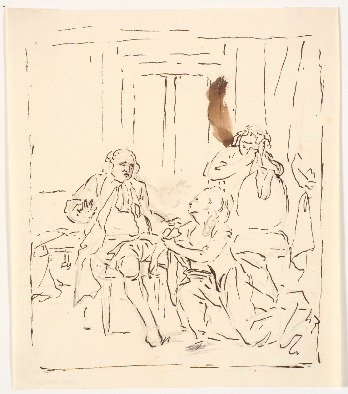 En kvinde knæler for en siddende mand. I baggrunden en grædende kvinde, der støtter sig til en stol. Teaterscene? af C.A. Lorentzen